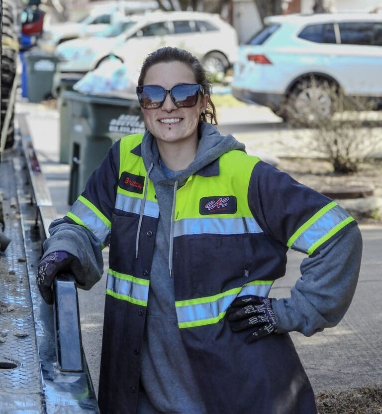 Light duty team member Brittaney Peterson operating flatbed in Central Texas